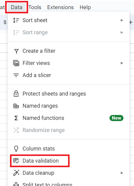 Google Sheets' Data menu with data validation option.