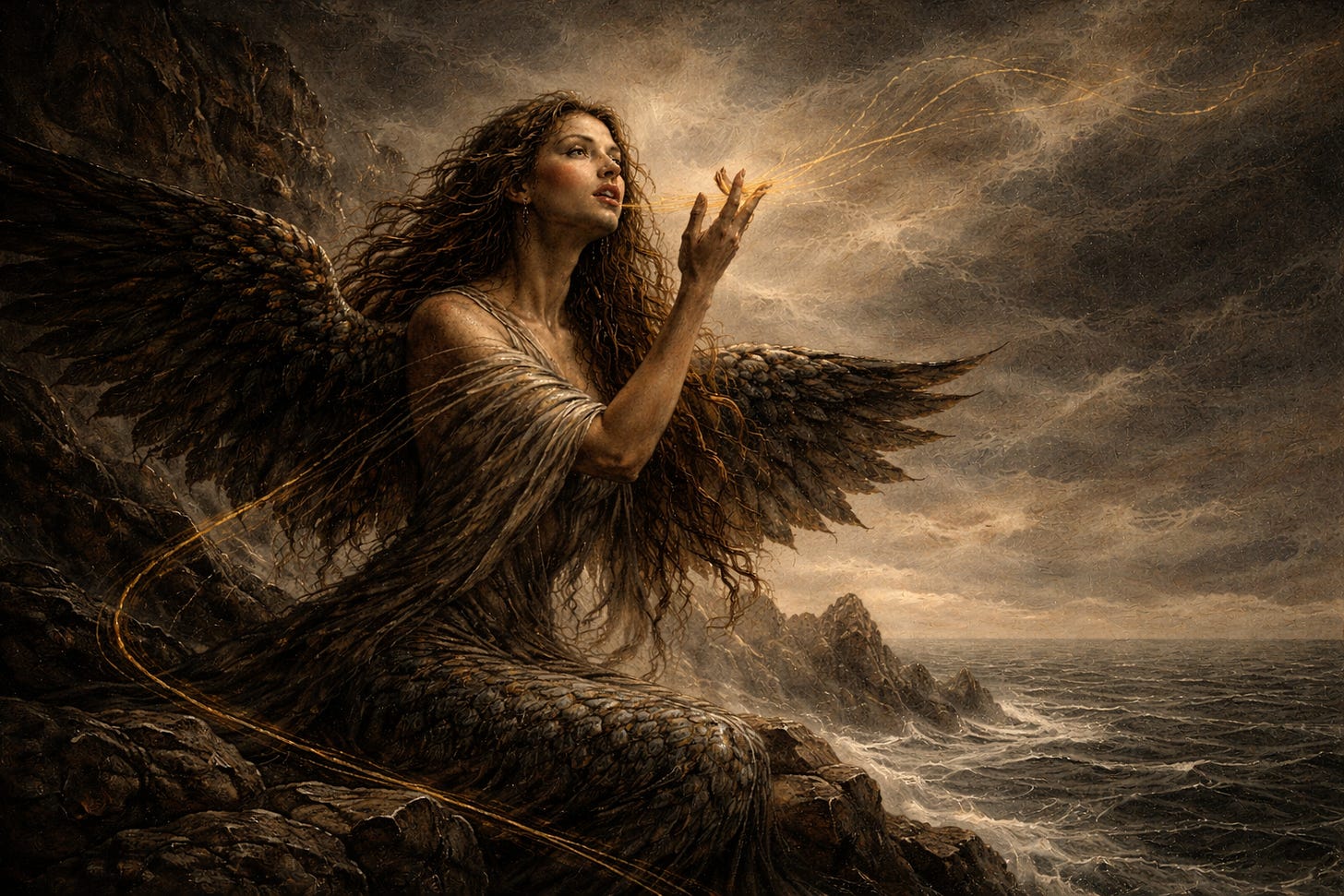 Alt text: An oil-style painting shows a dark-haired siren standing on a rocky cliff at dusk, her mouth slightly open as if singing, while a thin golden thread curls through the air above a muted, stormy sea.