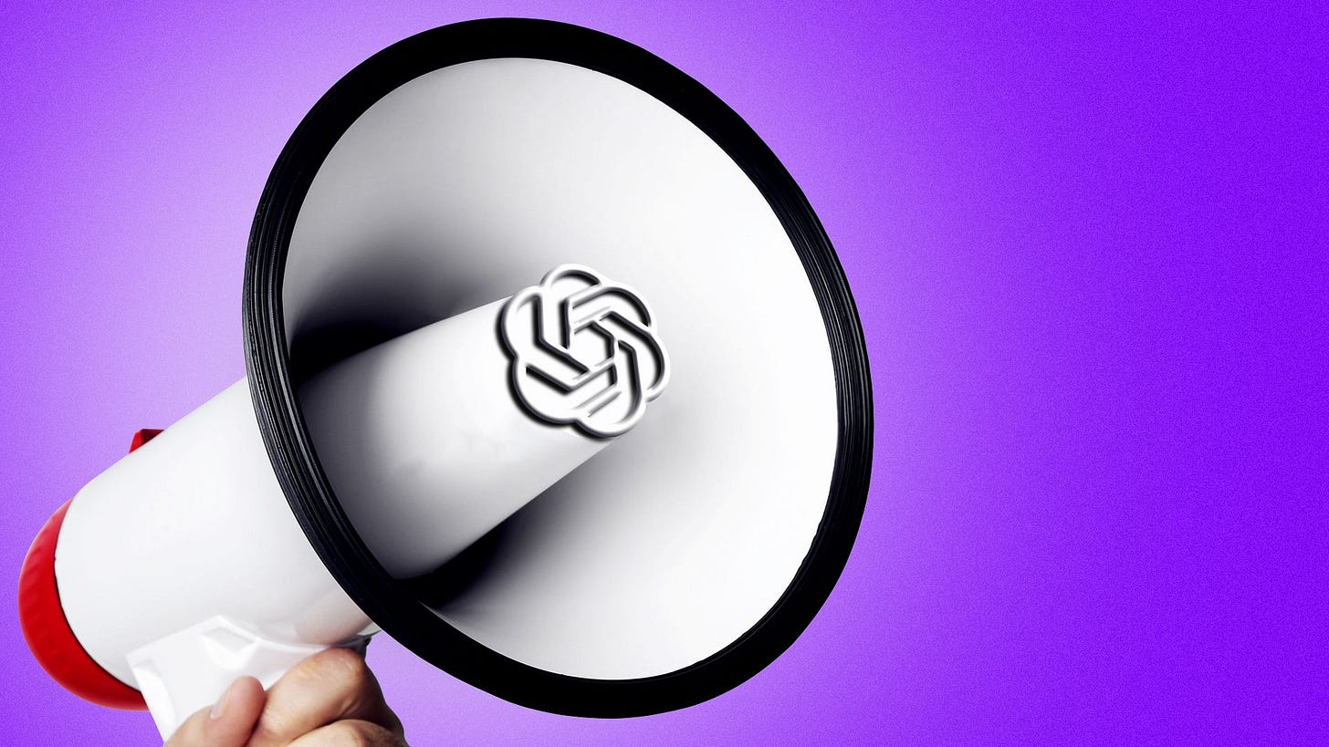 Illustration of a megaphone with the OpenAI logo inside Illustration of a megaphone with the OpenAI logo inside
