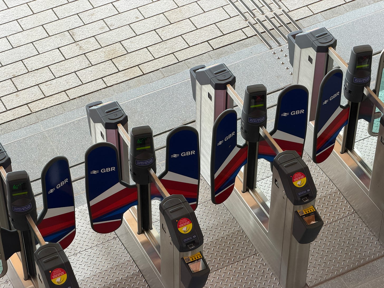Photo of GBR branded ticket barriers.