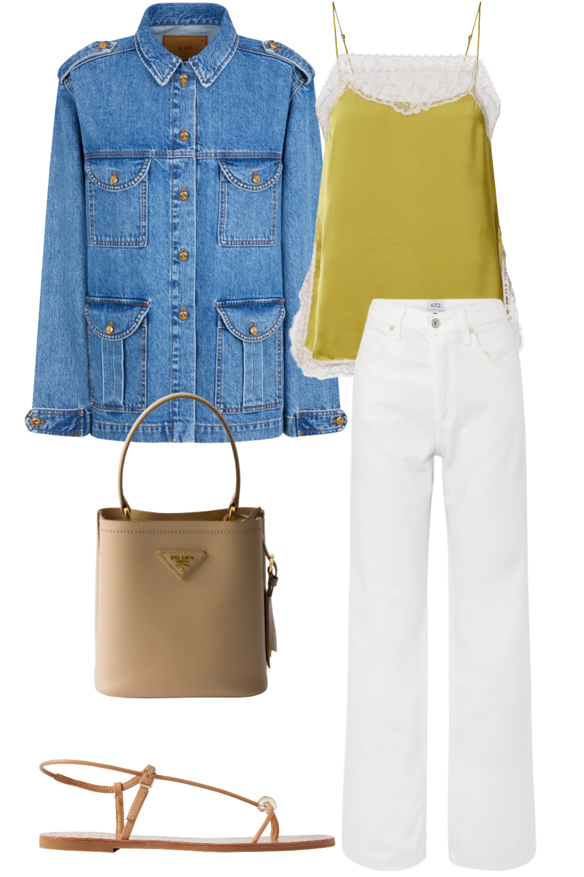 Pastel spring outfit with bright seasonal colors, white jeans, and lightweight layers