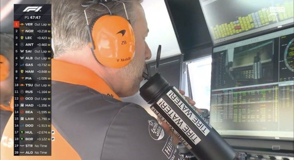 An image from FP1, complete with timing tower graphic, of Zak Brown sitting at the pit wall quietly sipping from a bottle marked with several strips saying "TIRE WATER!" that seem to have been made with a label maker. An image from FP1, complete with timing tower graphic, of Zak Brown sitting at the pit wall quietly sipping from a bottle marked with several strips saying "TIRE WATER!" that seem to have been made with a label maker.