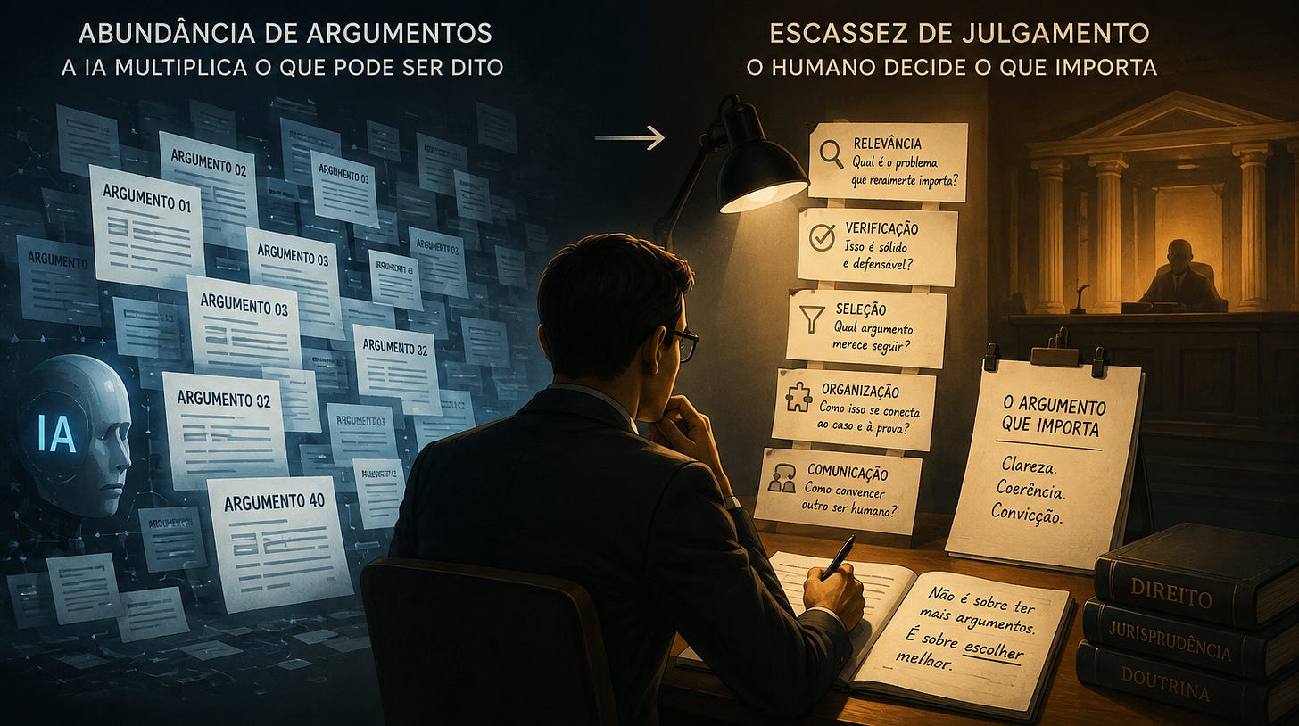 Alt text Ilustração mostra, de um lado, uma IA produzindo grande quantidade de argumentos e documentos e, de outro, um advogado selecionando, verificando e organizando esses argumentos antes de apresentá-los ao julgador, representando a passagem da abundância de produção para a escassez de julgamento humano. Alt text Ilustração mostra, de um lado, uma IA produzindo grande quantidade de argumentos e documentos e, de outro, um advogado selecionando, verificando e organizando esses argumentos antes de apresentá-los ao julgador, representando a passagem da abundância de produção para a escassez de julgamento humano.