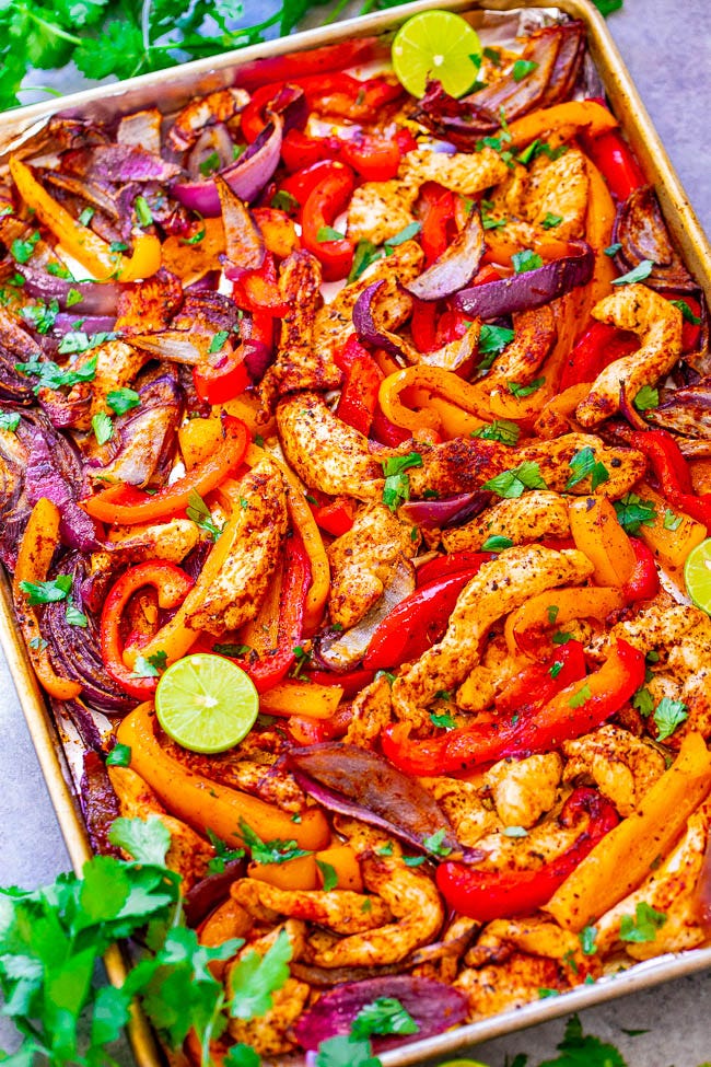 25-Minute Sheet Pan Chicken Fajitas — EASY, ready in no time, tastes AUTHENTIC, and made on ONE sheet pan to keep things simple - especially on busy nights!! Who needs a Mexican restaurant when you can make fajitas this GOOD and healthier at home!!