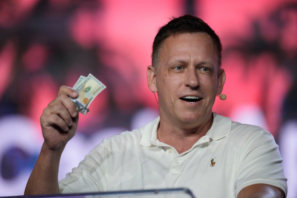 Peter Thiel in a white polo holding up cash