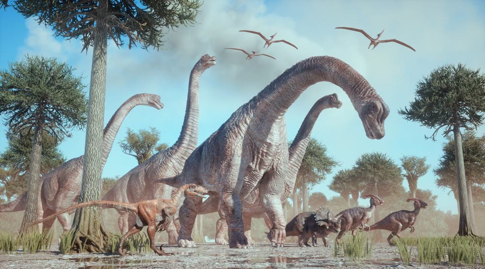 A herd of different dinosaurs--from brachiasaurs to duck-bills--in the swamps with pteradactyls in the blue sky A herd of different dinosaurs--from brachiasaurs to duck-bills--in the swamps with pteradactyls in the blue sky