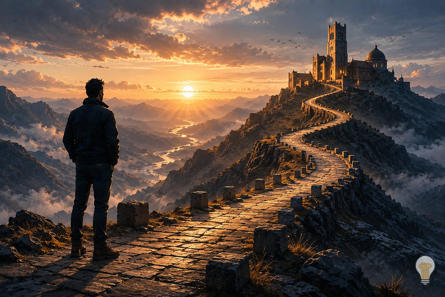 A lone leader stands on a winding mountain path at sunrise, looking toward a distant stone institution on the horizon, symbolising long-term thinking, stewardship, resilience, and building systems that outlast individual ambition. A lone leader stands on a winding mountain path at sunrise, looking toward a distant stone institution on the horizon, symbolising long-term thinking, stewardship, resilience, and building systems that outlast individual ambition.