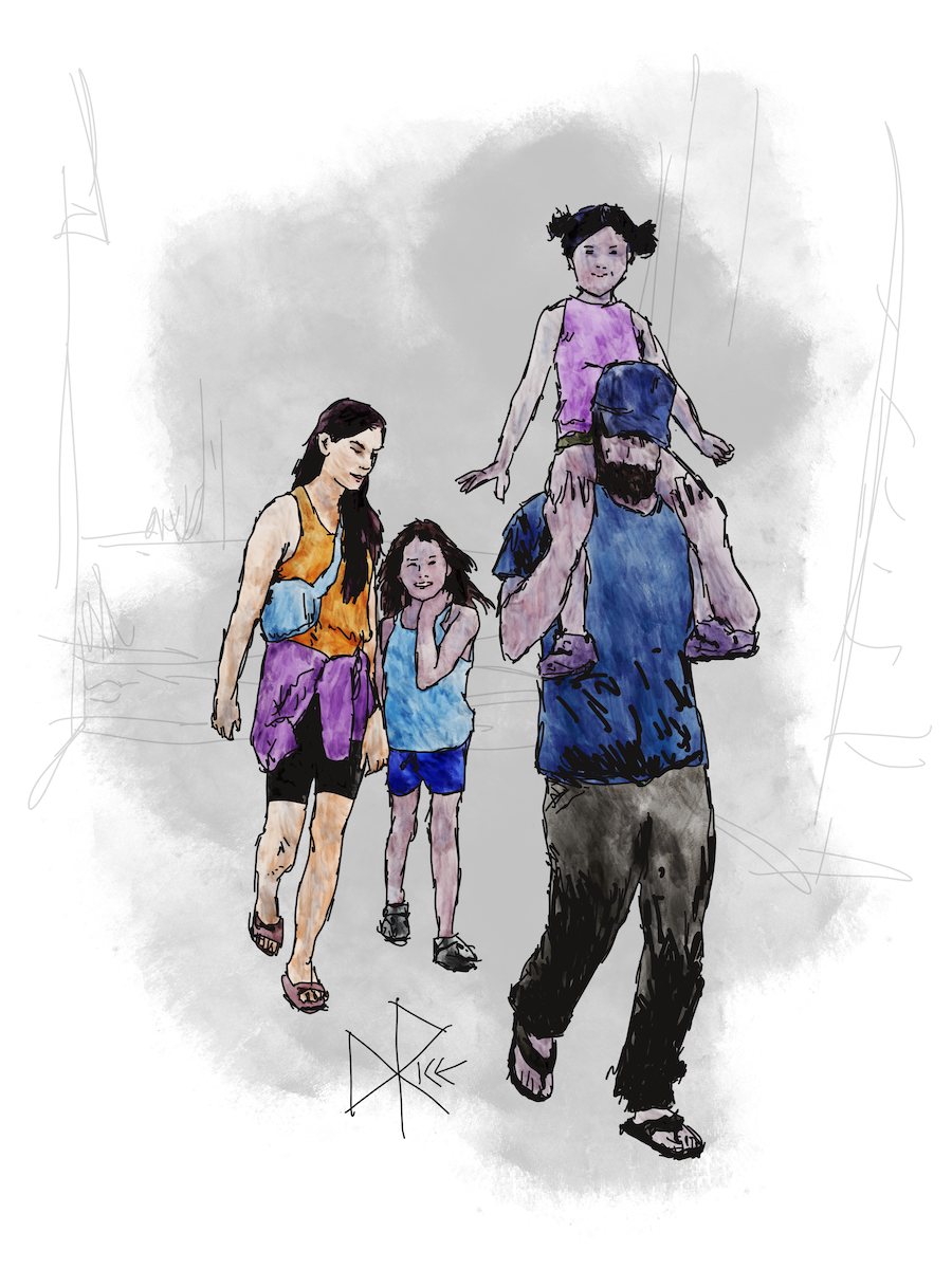 A happy family walks near the beach, having an enjoyable day with each other. Sketch art by Don Rice. A happy family walks near the beach, having an enjoyable day with each other. Sketch art by Don Rice.