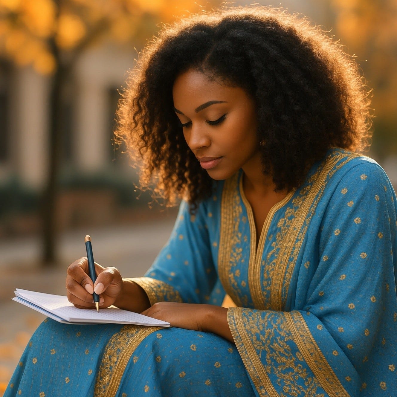 Black woman in blue and gold attire urban, in a seated under warm morning sun, her hand poised over lined paper as she looks down while she is writing, background outside delicate fall details, soft bokeh in the background, 8k sharpness Black woman in blue and gold attire urban, in a seated under warm morning sun, her hand poised over lined paper as she looks down while she is writing, background outside delicate fall details, soft bokeh in the background, 8k sharpness