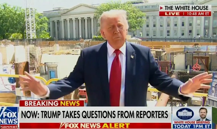 Donald Trump stands in front of the construction site for his big fort and ballroom, his arms spread wide as he talks about how cool a fort it will be. Donald Trump stands in front of the construction site for his big fort and ballroom, his arms spread wide as he talks about how cool a fort it will be.