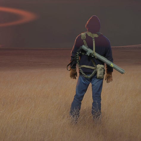 LEFT: Detail from LEGENDS OF THE FALLOUT featuring a man in black hoodie standing in a field of wheat staring at a mushroom cloud erupting on the horizon. CENTER: Figure detail from LEGENDS OF THE FALLOUT featuring a man in jeans and black hoodie. Hanging from a harness on his back is a long grey tube with a radiation symbol on its barrel. A coiled cord leads from the end of the EM weapon to a tan pouch on the back of his belt, presumably the power supply. The man wears thick tan work gloves. RIGHT: Background detail from LEGENDS OF THE FALLOUT featuring a mushroom cloud blossoming on the horizon. Rendered in coral with an intense burst of yellow on the underside of the cloud, it is simultaneously soothing and violent. An illuminated halo hovers above the mushroom cloud and a ring radiates outward in its orbit. The foreground is filled with a field of wheat providing a justaposition of normal scenery and apocalyptic event.
