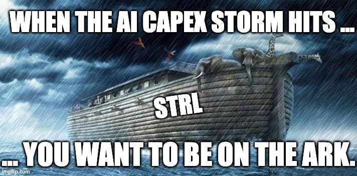 STRL +165% since the December 2025 deep dive. MTZ +98%, AGX +87%, URI +19%, PRIM -8%. The ark, the dinghies, and the one taking on water. Source: imgflip Noah's Ark meme template.