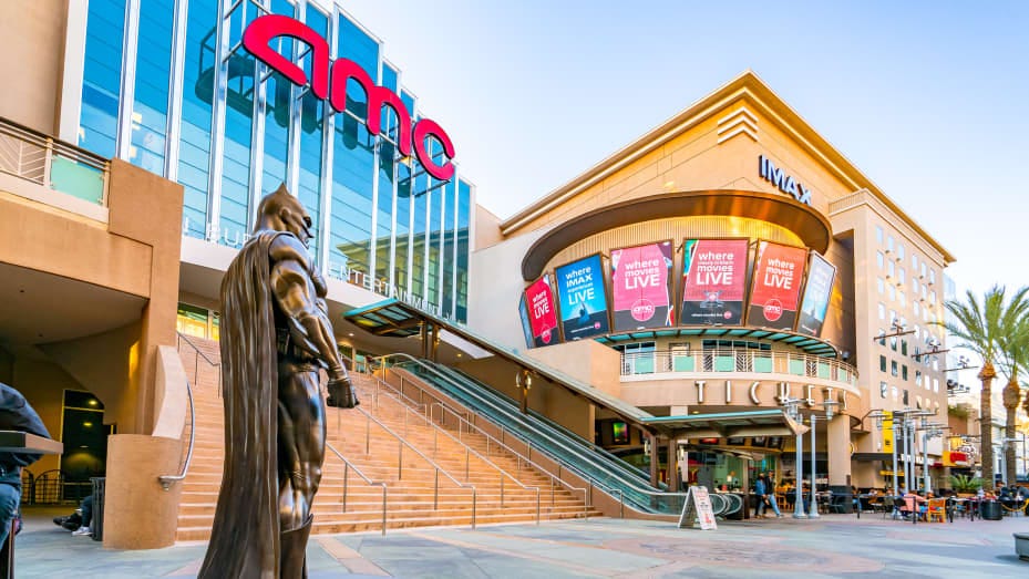 The AMC Burbank 16 and the Batman bronze statue in Downtown Burbank.