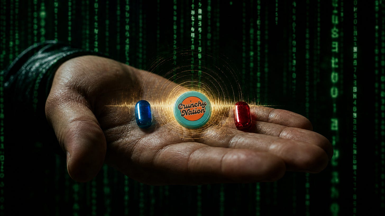 Matrix pills with teal-orange Crunchy Nation tablet as glowing third option