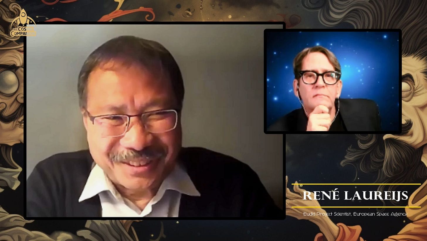 René Laureijs is in a larger video window with a blank background and James Maynard is seen in a smaller window to the right with a blue glow of a galaxy behind him.
