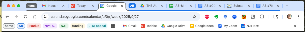 Screenshot of Lisa's open tabs in her Chrome browser, organized into groups. In the first group, "home," are a an email tab, a to-do list tab, and a calendar tab. In her Auntie Bulletin group, "AB," are her Auntie Bulletin Google Docs folder, a spreadsheet for tracking hours, the content calendar, The Auntie Bulletin Substack dashboard, and the current project. Eight tabs total in two groups.