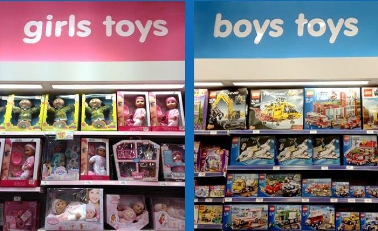 Foto que mostra prateleiras de brinquedos de menina em cor rosa com bebês; e prateleira de brinquedos de menino com legos, cenários interativos e mais. Imagem original com texto em inglês. 