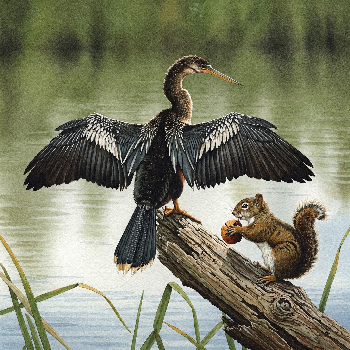 Anhinga bird drying his wings with a squirrel trying to store a hickory nut. Anhinga bird drying his wings with a squirrel trying to store a hickory nut.