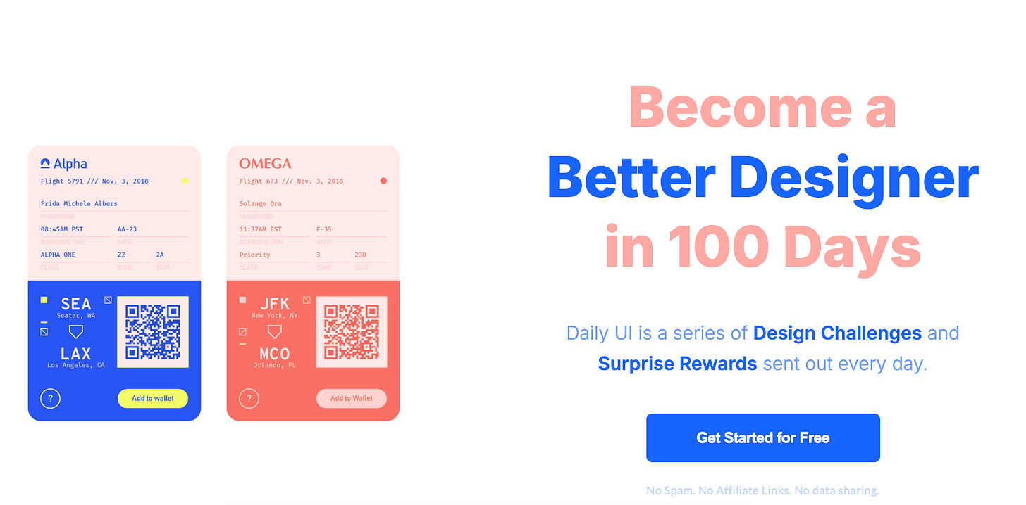 Screenshot of the Daily UI website showing that you can Become a better designer in 100 days