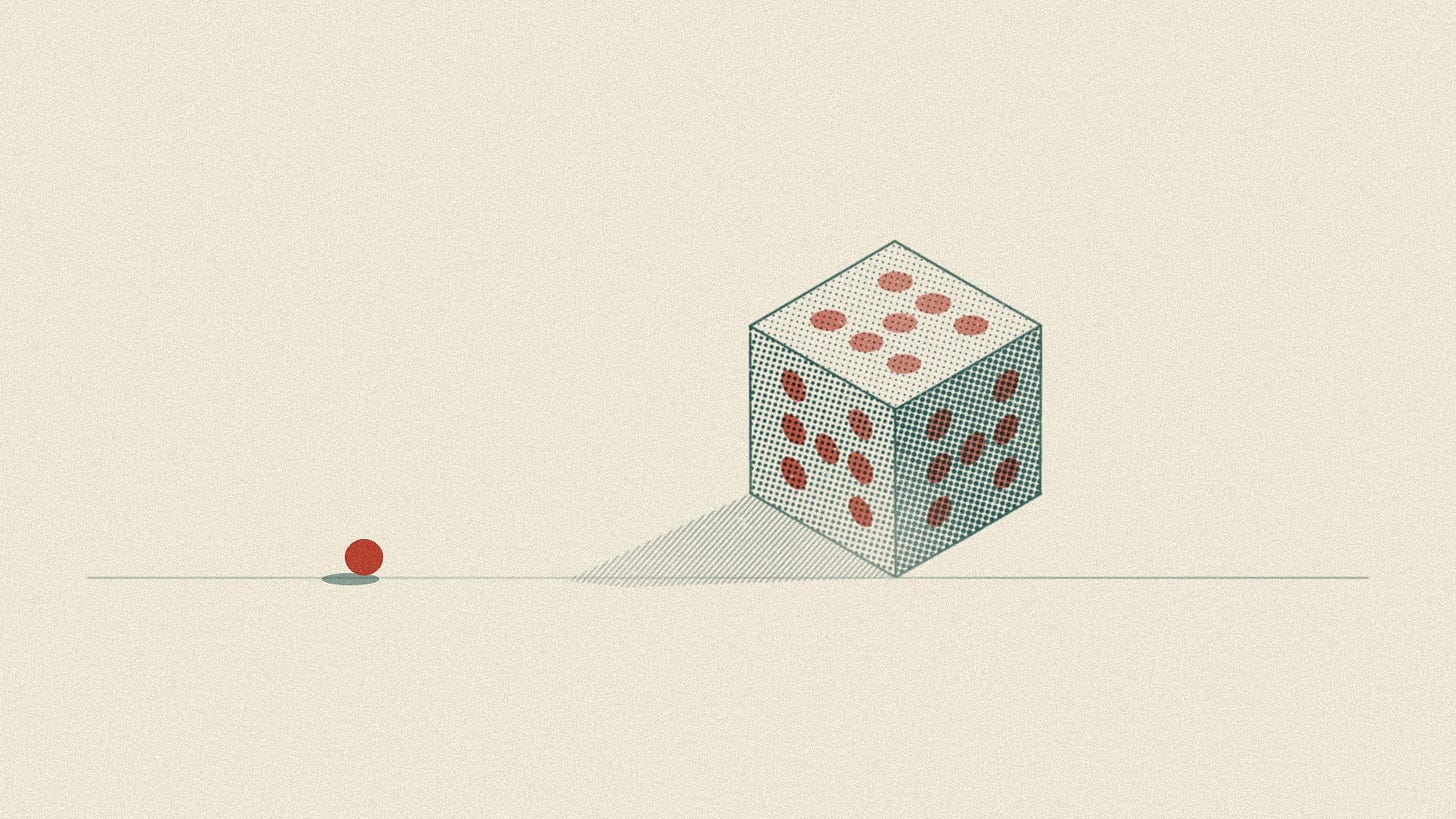 A halftone-printed die with seven red pips on each of its three visible faces sits on a long thin ground line; a single red dot rests alone far to the left. A halftone-printed die with seven red pips on each of its three visible faces sits on a long thin ground line; a single red dot rests alone far to the left.