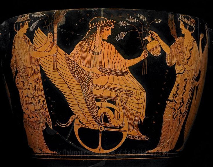 This may contain: an ancient vase with two women on it