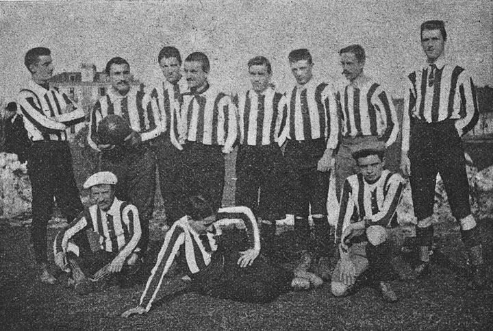Historic Juventus kits: early black and white striped team photo, original pink shirt with black bow tie, vintage black and white striped jersey, and an early team photo wearing pink shirts with ties.