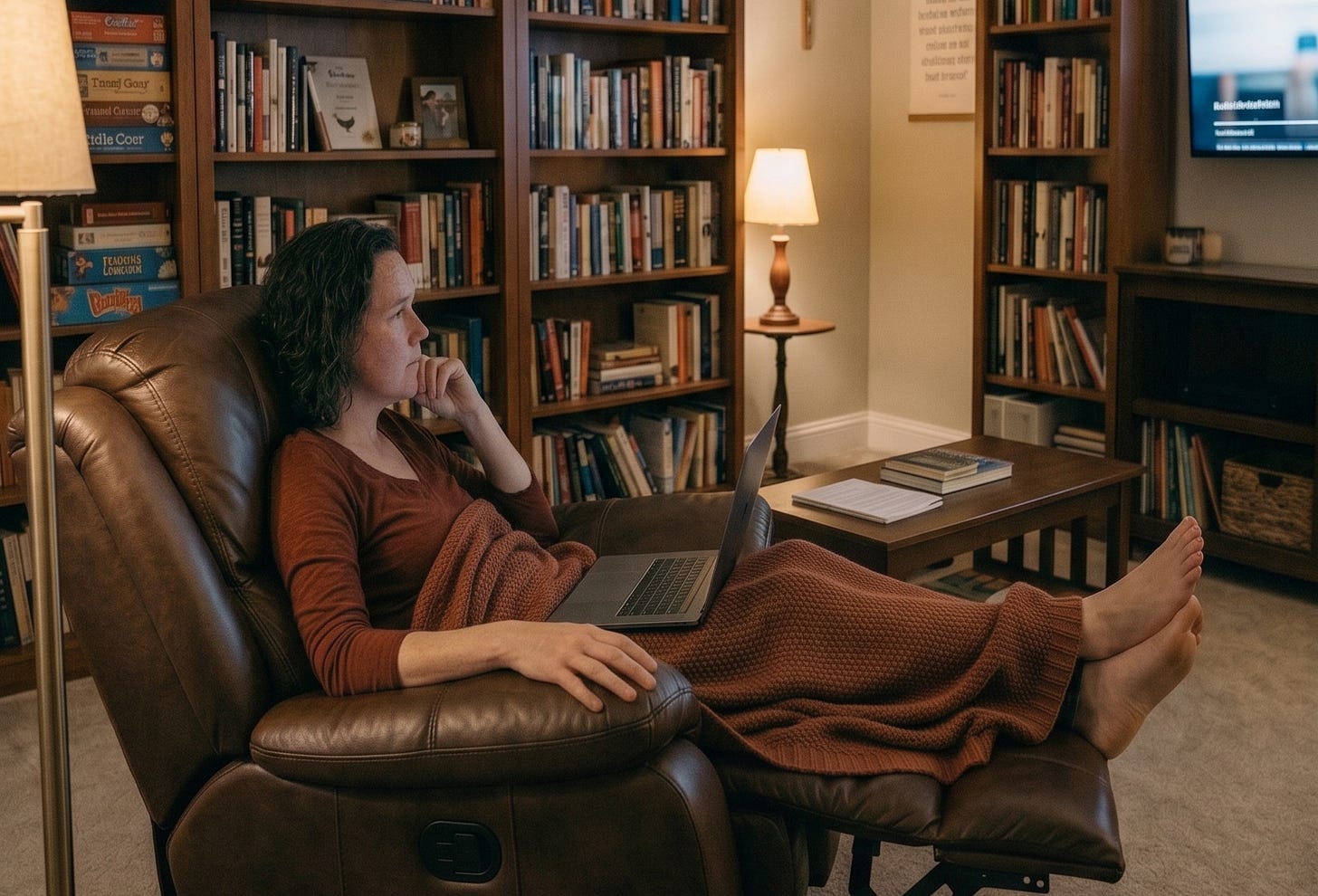 A woman in her late 40s with shoulder-length, dark wavy hair and freckles is sitting in a brown leather recliner with her feet up. She is wearing a rust-colored long-sleeve shirt and is covered by a cozy, textured brown blanket. A laptop rests open on her lap as she gazes thoughtfully toward a television screen mounted on the wall in a spacious room. The background is filled with tall wooden bookshelves packed with books, creating a warm, quiet, late-night atmosphere. A woman in her late 40s with shoulder-length, dark wavy hair and freckles is sitting in a brown leather recliner with her feet up. She is wearing a rust-colored long-sleeve shirt and is covered by a cozy, textured brown blanket. A laptop rests open on her lap as she gazes thoughtfully toward a television screen mounted on the wall in a spacious room. The background is filled with tall wooden bookshelves packed with books, creating a warm, quiet, late-night atmosphere.
