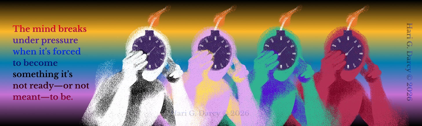 A conceptual digital art piece showing the colorful evolution of four figures holding clocks, representing the transition from internal pressure to growth and healing. A conceptual digital art piece showing the colorful evolution of four figures holding clocks, representing the transition from internal pressure to growth and healing.