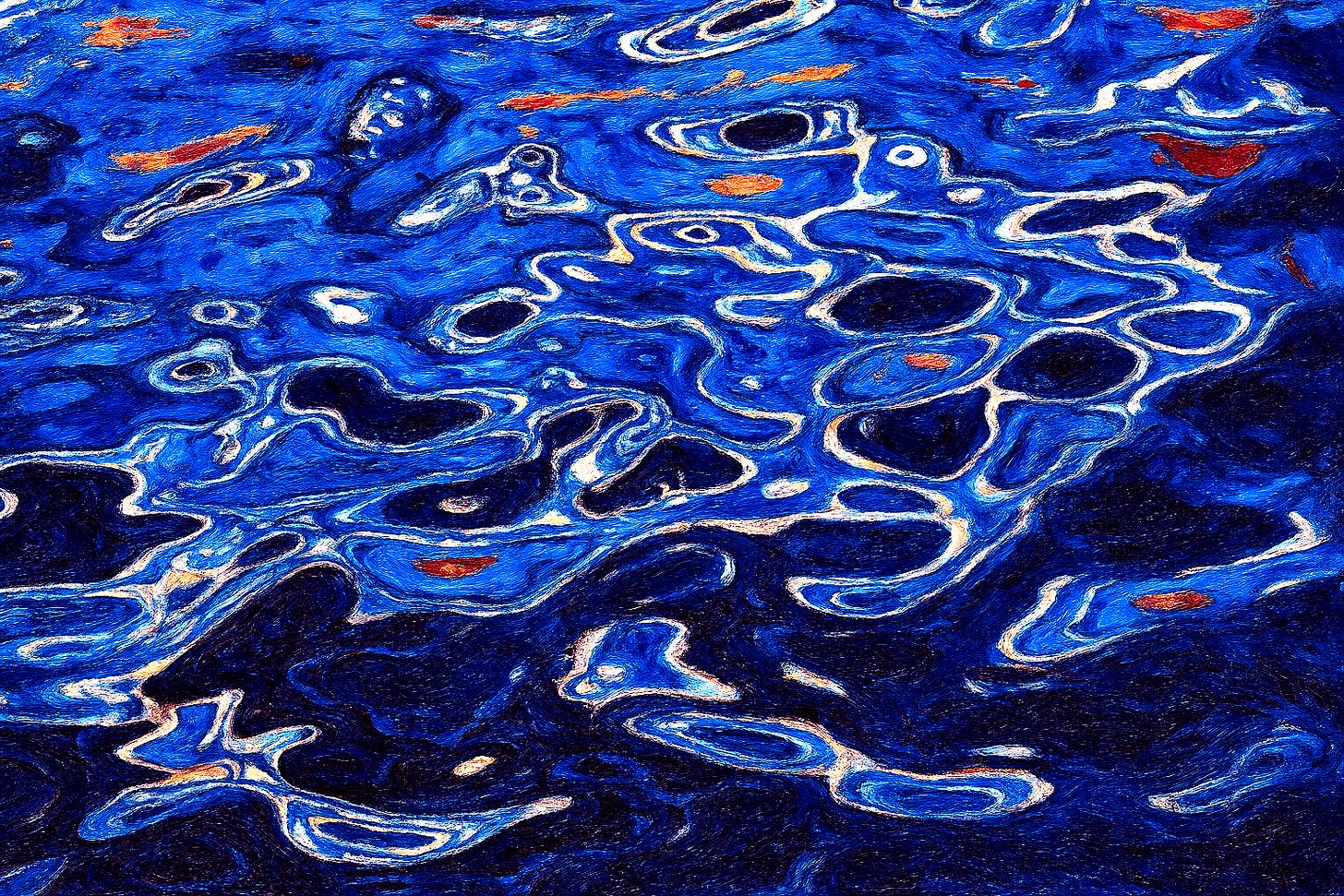 An abstract, surreal painting of rippling water. An abstract, surreal painting of rippling water.