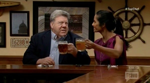 george wendt cheer on top chef boson with padma 2014 george wendt cheer on top chef boson with padma 2014