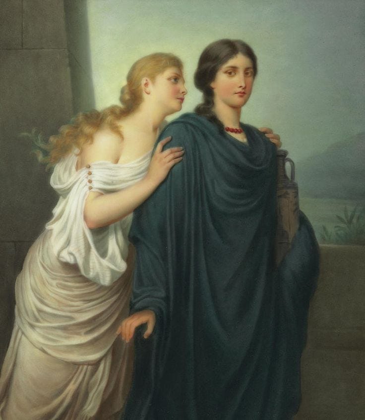 This may contain: a painting of two women dressed in old fashion clothing, one with her arm around the other's shoulder
