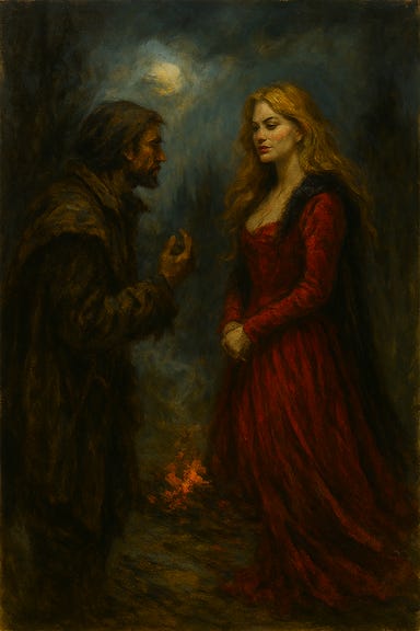 Arrigal stands in a foggy forest clearing, speaking with Volenta Popofsky, who is visually inspired by Margot Robbie. Arrigal wears his dark velvet cloak, gold hoop earring, and curved dagger, his expression tense and calculating. Volenta is dressed in blood-red leather with high boots and a corseted bodice, her blonde hair wild and her smile cruel. She circles him like a predator, her eyes gleaming with amusement and threat. The mist coils around them, and the trees loom like silent witnesses. The atmosphere is cinematic and eerie—a meeting between schemers under Barovia’s cursed sky.