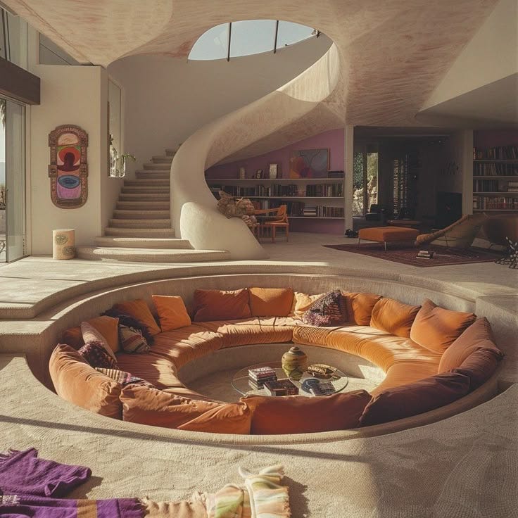 This may contain: a living room filled with lots of furniture next to a spiral staircase This may contain: a living room filled with lots of furniture next to a spiral staircase