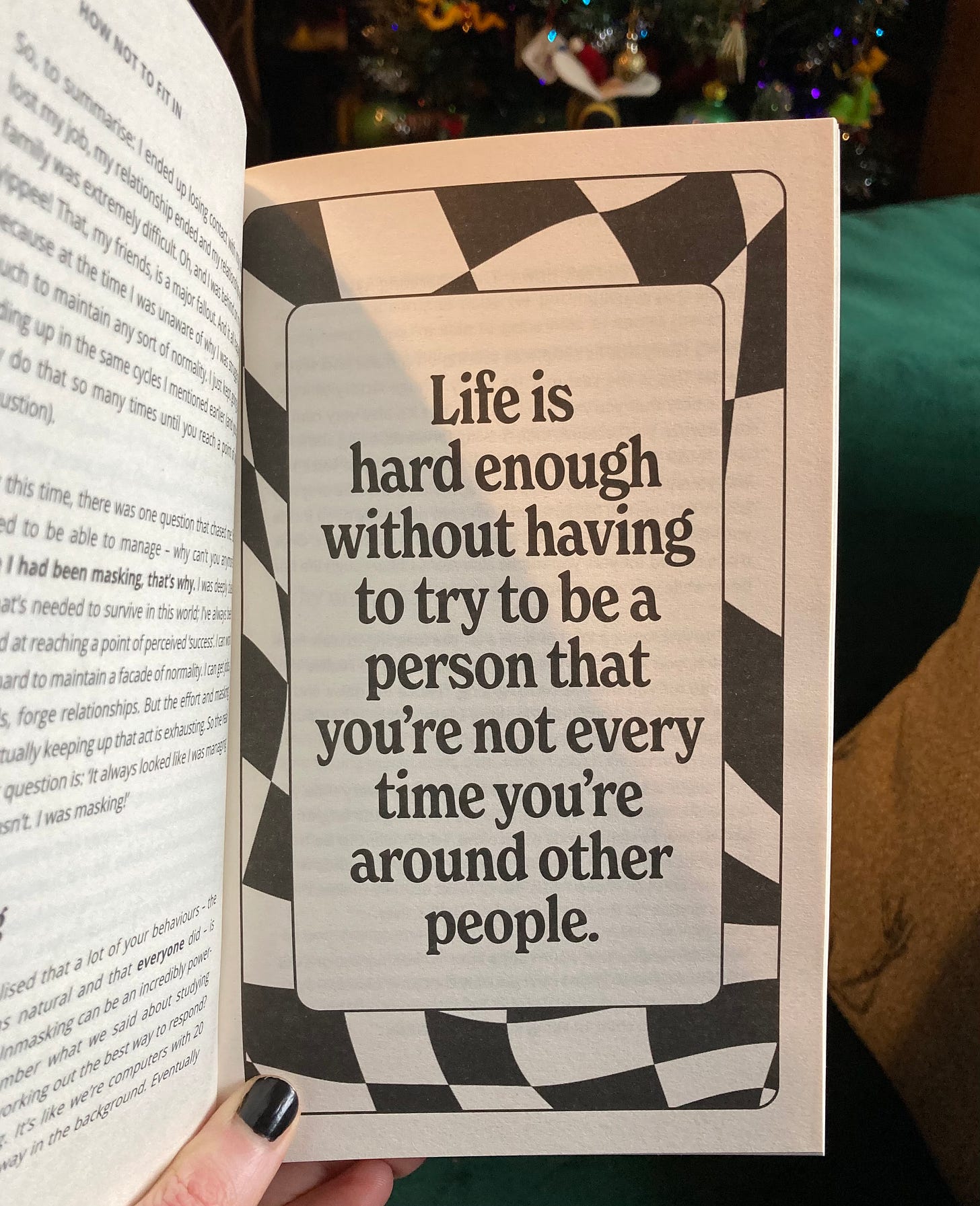 A page from How Not To Fit In by Jess Joy and Charlotte Mia. The page says: Life is hard enough without having to try and be a person that you're not every time you're around other people. 