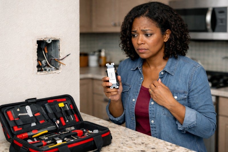 Black woman looks worried while holding a light switch and looking into her toolbox.