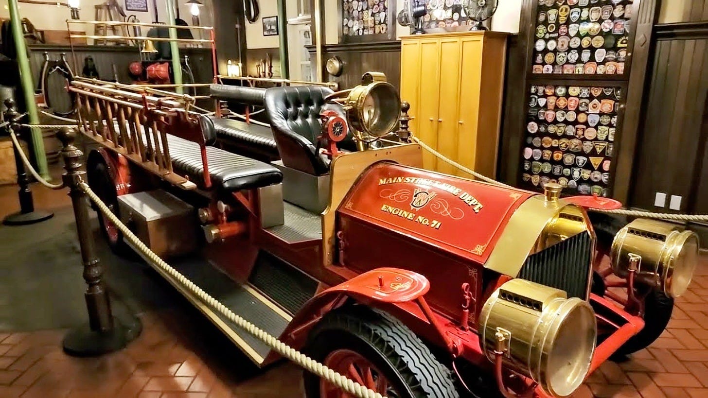 Engine No. 71 on display in the Main Street Firehouse at Magic Kingdom. Image: Pete McDevitt Show on YouTube