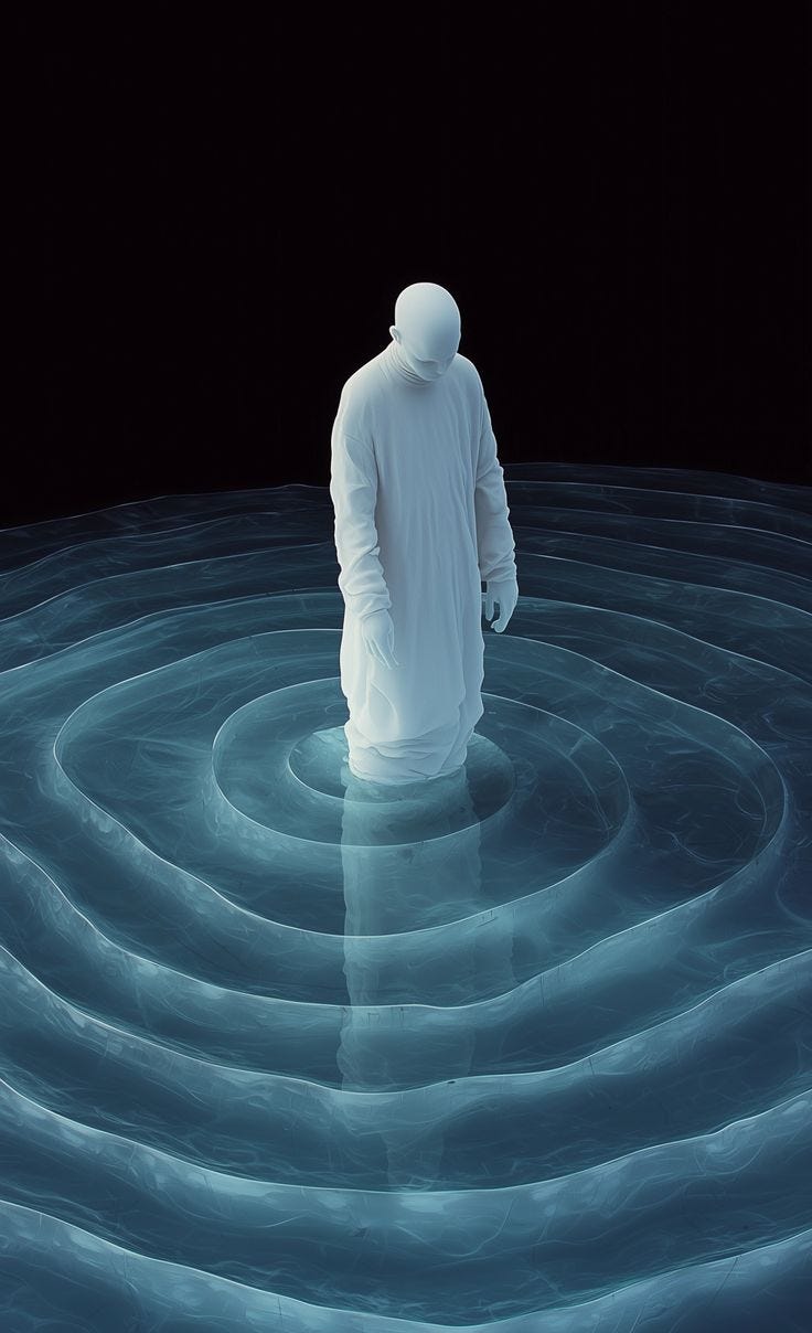 This may contain: a man standing in the middle of a pool of water wearing a white suit and hoodie