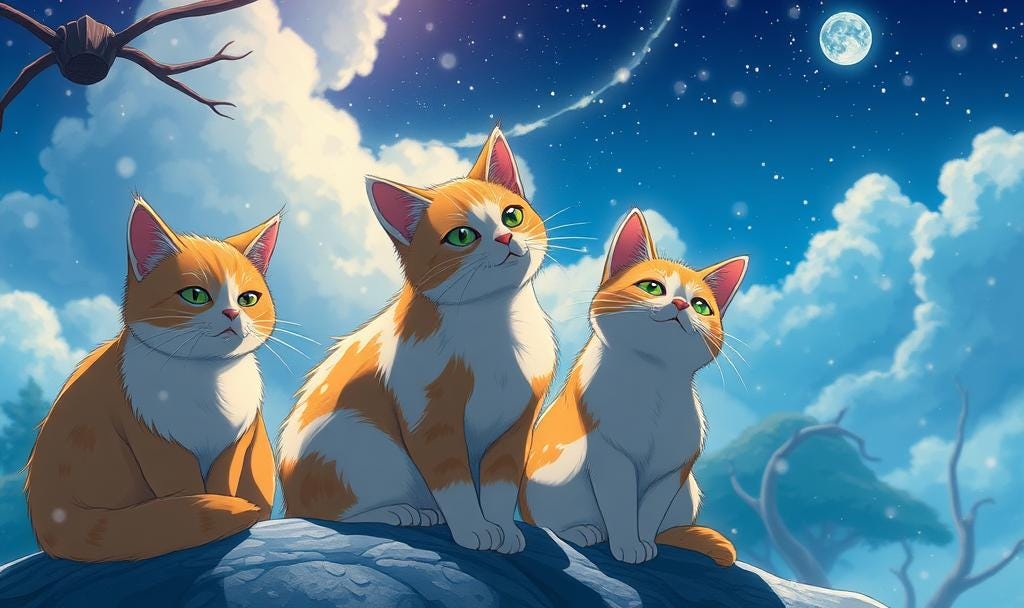 Image of 3 cats looking at the sky