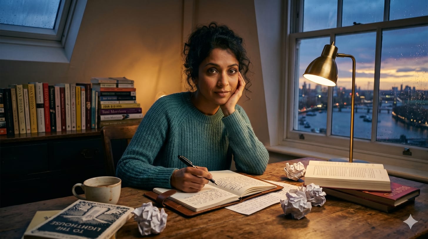 Woman writes in a home office