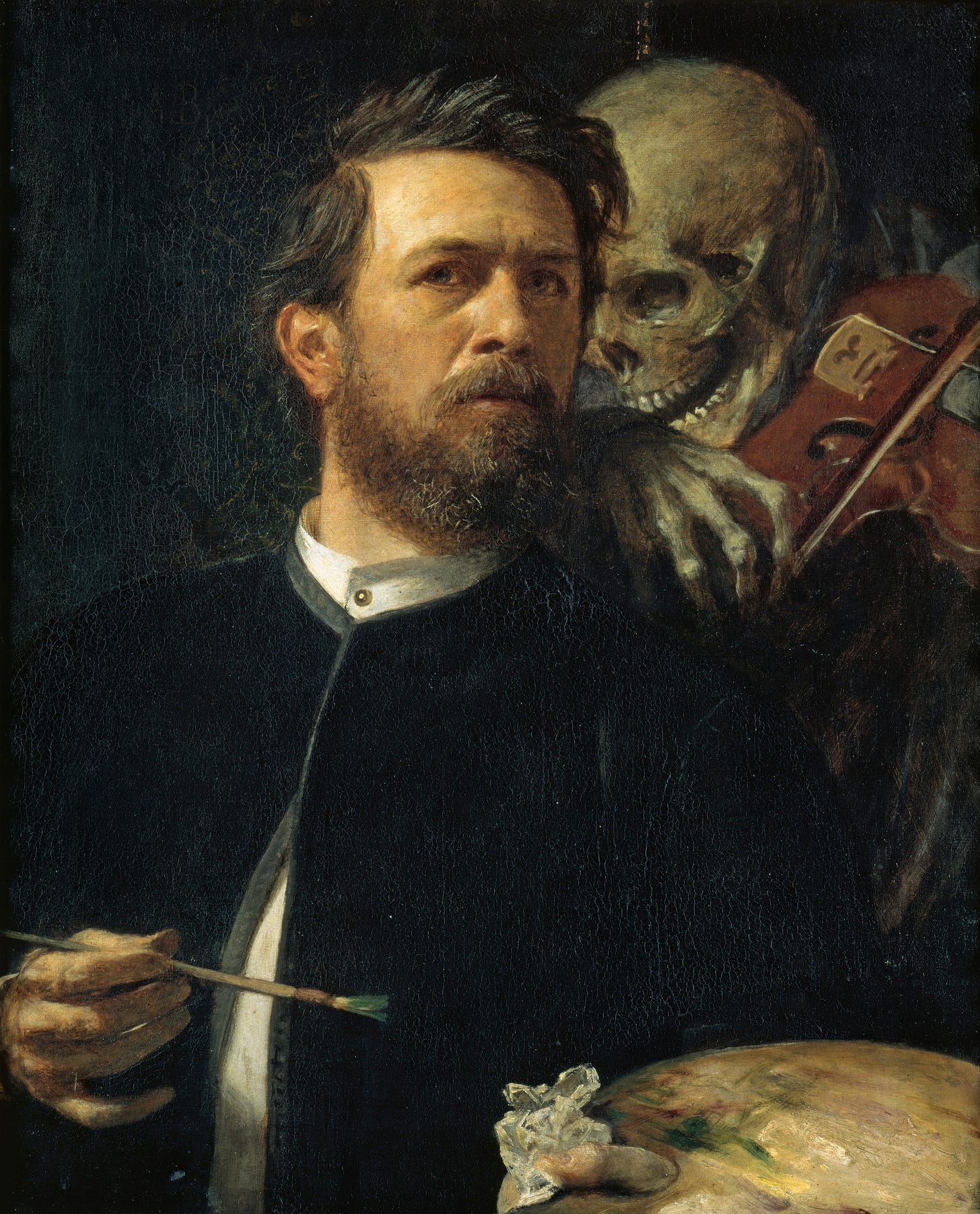 Painter glancing back at a skeleton playing violin behind him