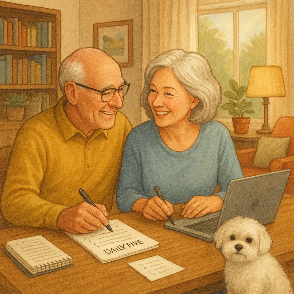 Retired couple creating their daily five listing with their dog sitting by them.