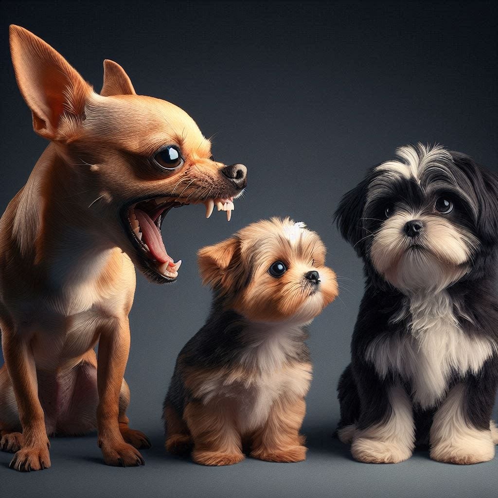 A snarling Chihuahua, a Biewer Terrier puppy, and a Havanese