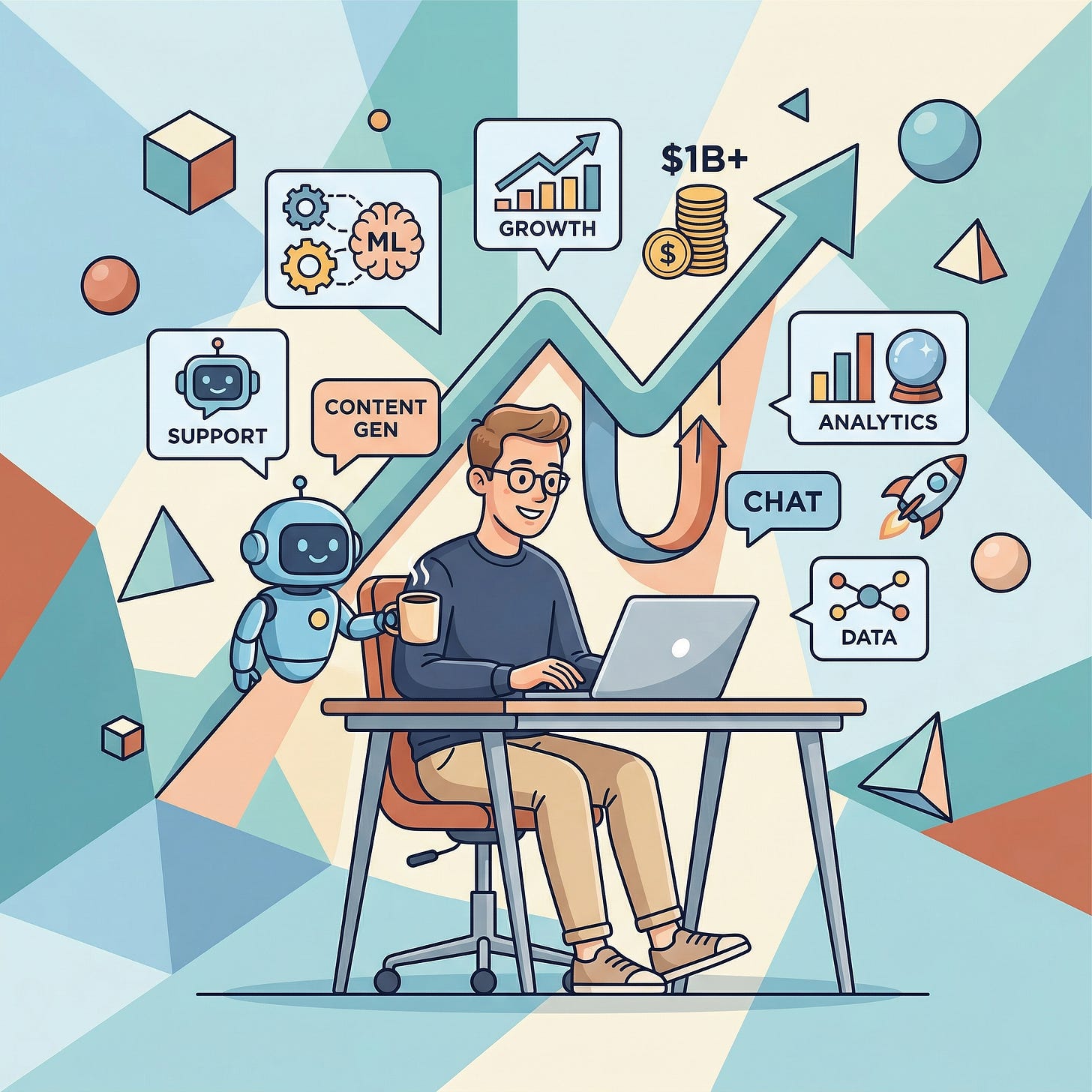 Illustration of a solo entrepreneur at a laptop surrounded by AI tools with a growth chart soaring upward Illustration of a solo entrepreneur at a laptop surrounded by AI tools with a growth chart soaring upward