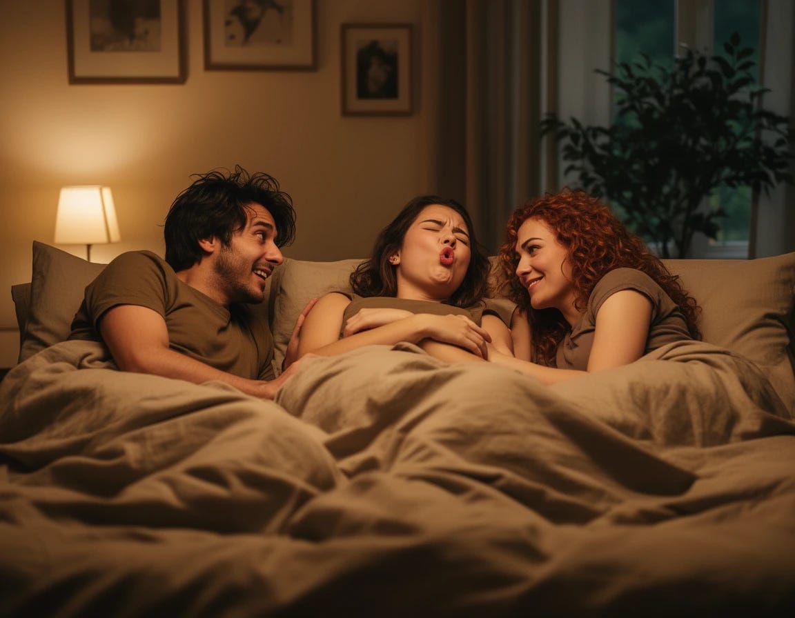 Throuple sharing a bed where one of the women is snoring and farting annoying the other occupants of the bed Throuple sharing a bed where one of the women is snoring and farting annoying the other occupants of the bed