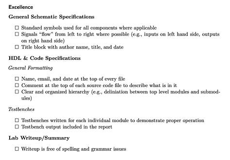 Three lists of specifications, formatted as checklists, including a variety of categories and broken into "Proficiency" vs. "Excellence"