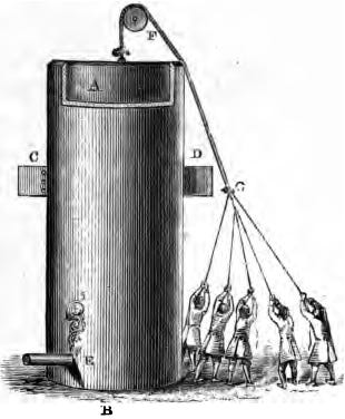 Historical illustration of people operating a pulley system on a large cylinder.