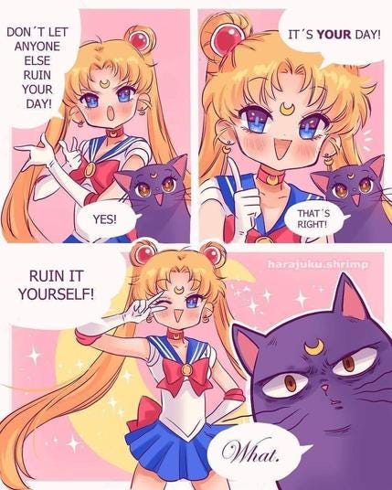 Sailor Moon meme by harajuku.shrimp

Sailor Moon: don't let anyone else ruin your day!

Cat: yes!

Sailor Moon: it's your day!

Cat: that's right! 

Sailor Moon: ruin it yourself! 

Cat: what.