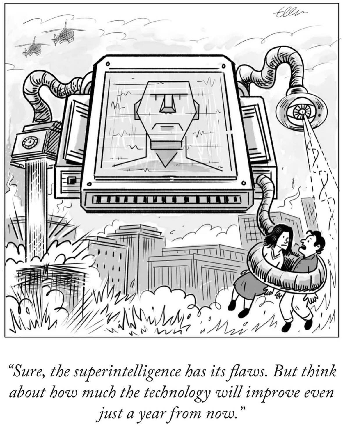 May be pop art of telephone, poster and text that says 'tlee m ma4 いちて wh iilmo thi "Sure, the superintelligence has its flaws. But think about how much the technology will improve even just a year from now."'