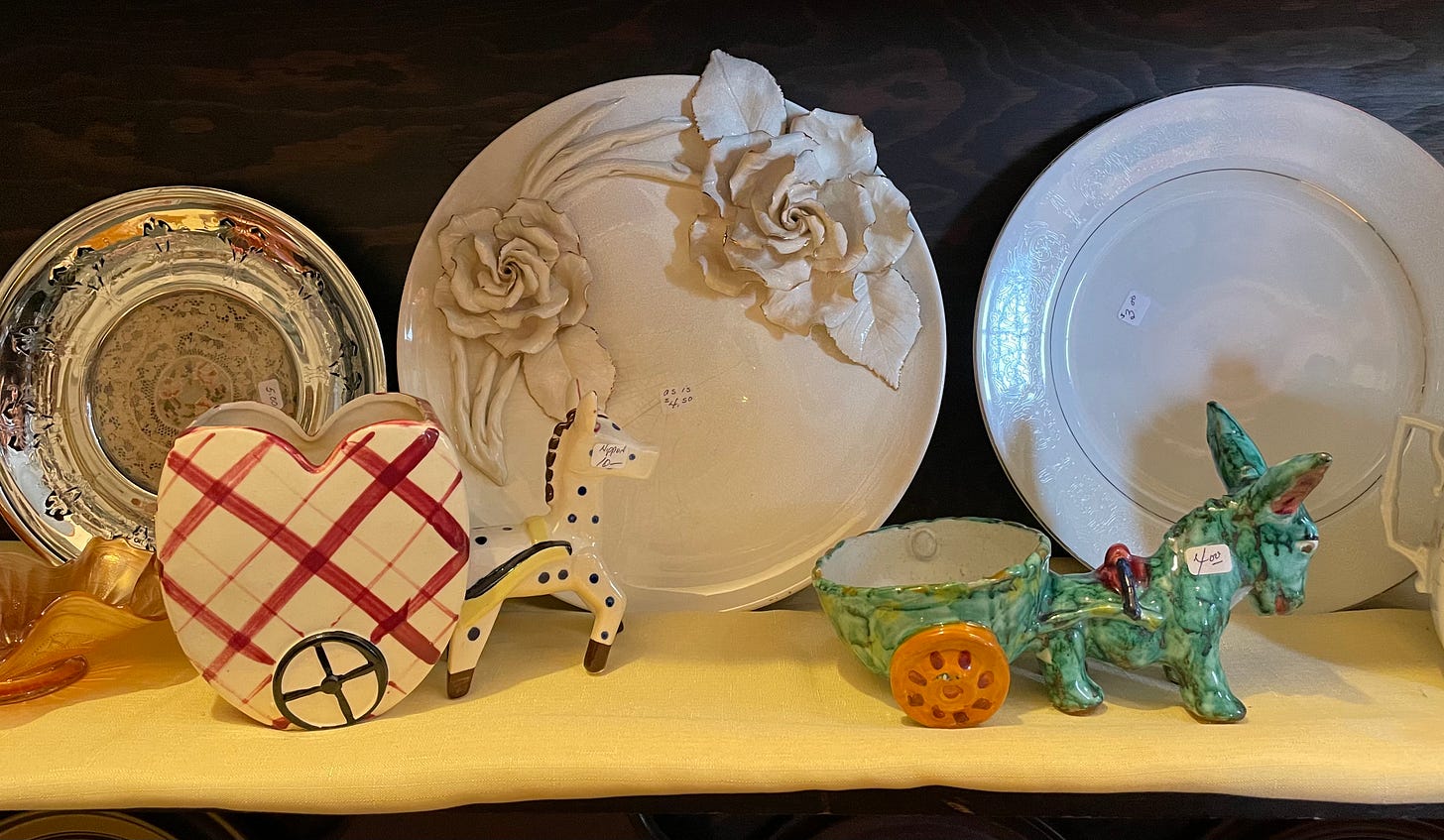 green donkey and plates thrift shop