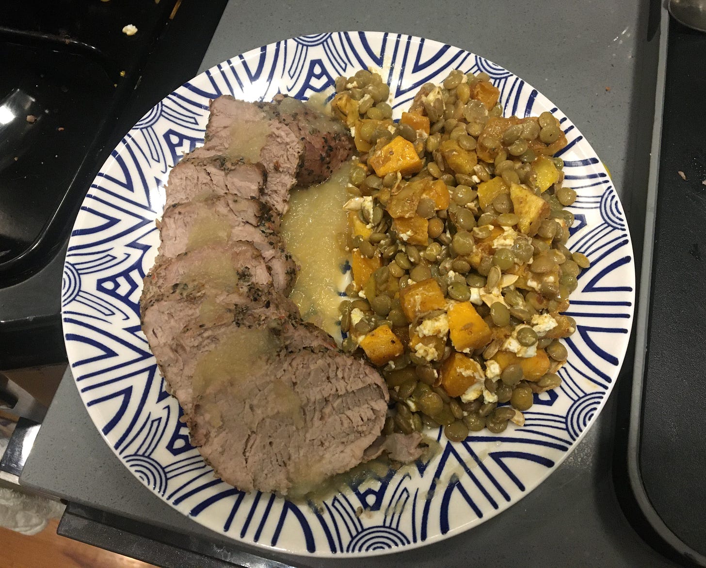 lentil squash salad with sliced pork tenderloin and applesauce